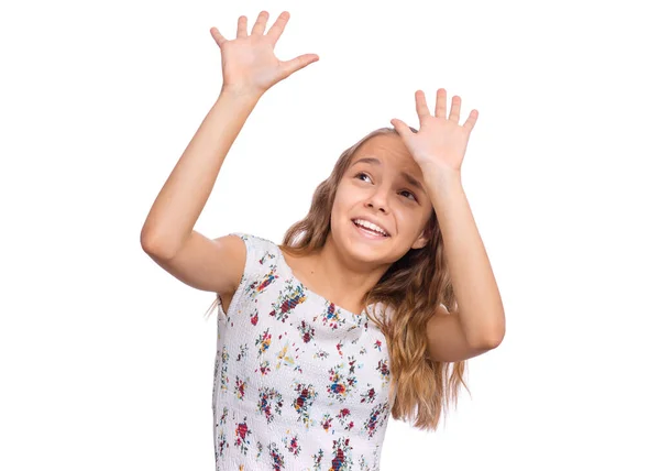 Skrämd Tonåring Skakar Rädsla Och Håller Hand Defensiv Gest Barn — Stockfoto