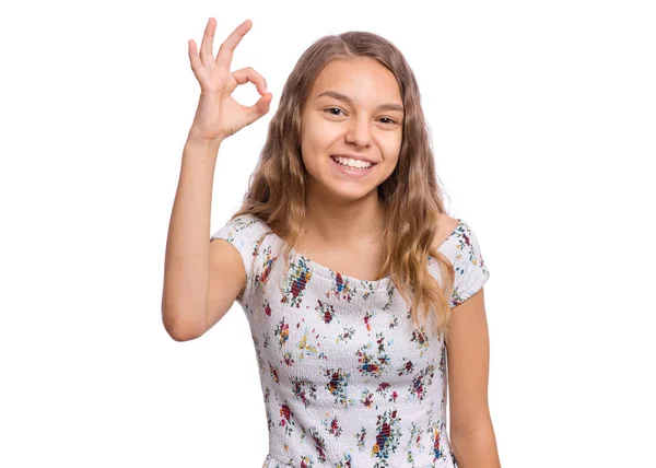 Portret Van Tiener Meisje Maken Gebaar Geïsoleerd Witte Achtergrond Mooie — Stockfoto