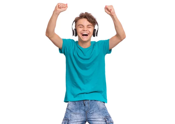 Niño Adolescente Feliz Con Auriculares Aislado Sobre Fondo Blanco Niño — Foto de Stock