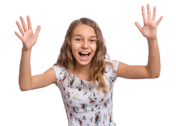 Mosolygó Tini Lány Felemelte Fegyvert Veled Barátságos Őszinte Aranyos Tinédzser — Stock Fotó