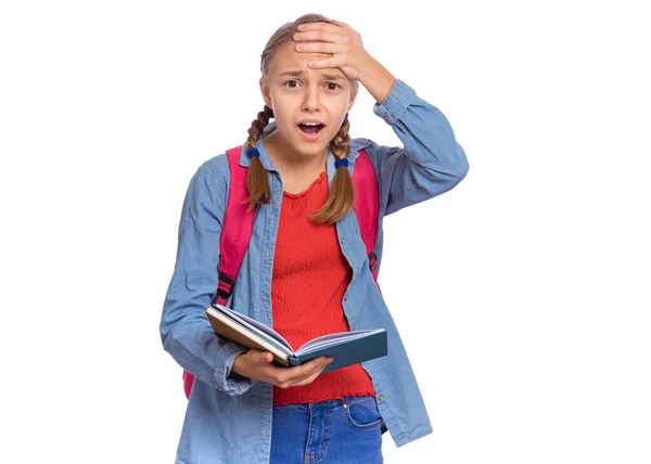 Retrato Menina Adolescente Estudante Surpreso Com Mochila Lendo Livro Espanto — Fotografia de Stock