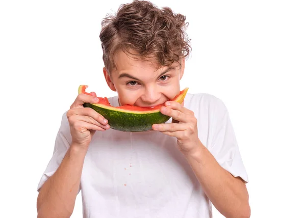 Retrato Adolescente Comiendo Jugosa Sandía Madura Sonriendo Linda Adolescente Caucásica —  Fotos de Stock