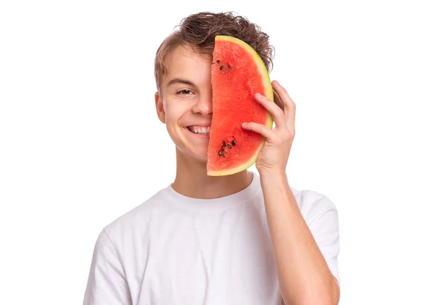 Portret Van Tiener Jongen Eten Rijp Sappige Watermeloen Glimlachend Schattige — Stockfoto
