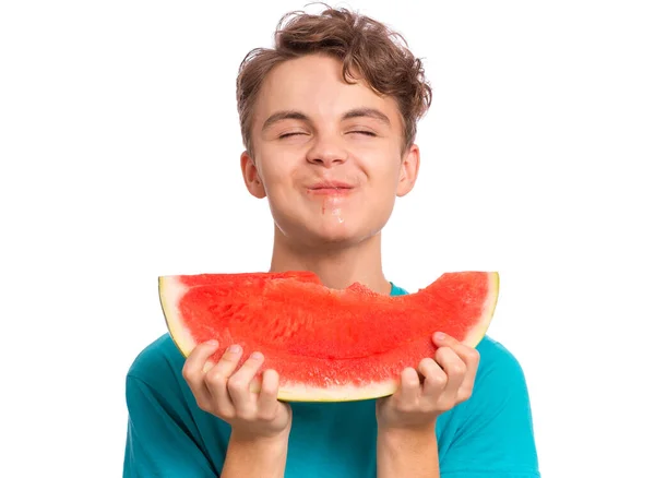 Portret Van Tiener Jongen Eten Rijp Sappige Watermeloen Glimlachend Schattige — Stockfoto