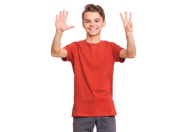 Портрет Щасливого Хлопчика Підлітка Показує Дві Долоні Пальців Ізольовані Білому — стокове фото