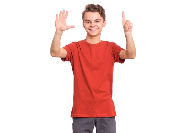 Retrato Menino Adolescente Feliz Mostrando Duas Palmas Dedos Isolado Fundo — Fotografia de Stock