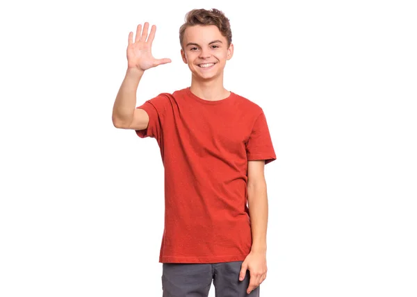 Πορτρέτο Του Ευτυχισμένο Έφηβο Αγόρι Που Δείχνει Ένα Palm Δάχτυλα — Φωτογραφία Αρχείου