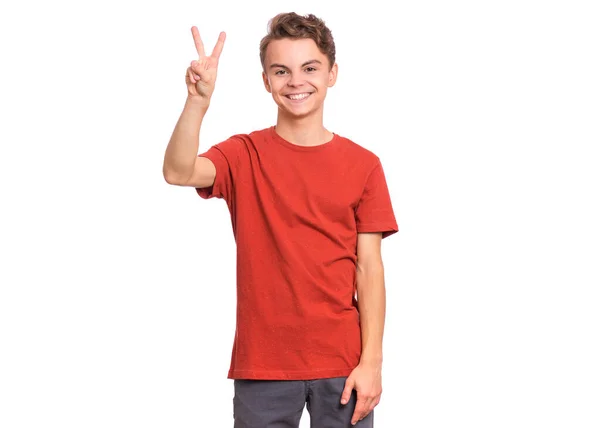 Retrato Menino Adolescente Feliz Mostrando Uma Palma Dedos Isolado Fundo — Fotografia de Stock