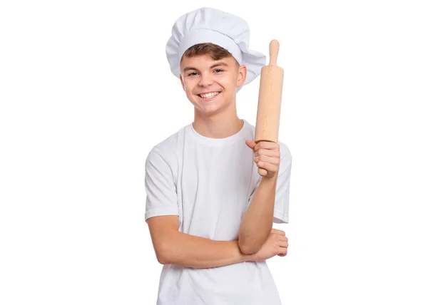 Portrait Handsome Teen Boy Chef Hat Holding Rolling Pin Isolated — Stock Photo, Image