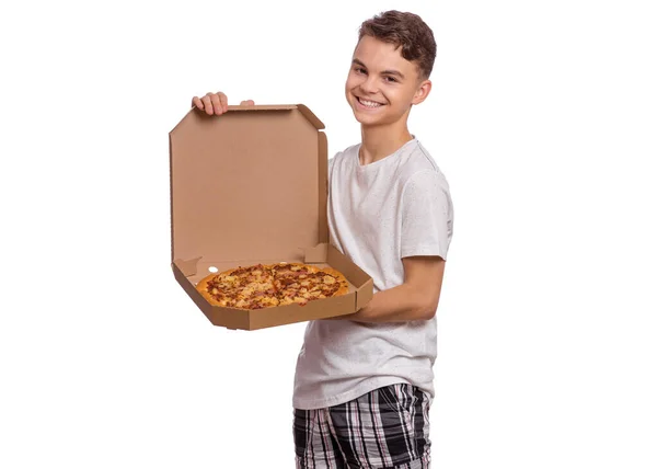 Schöner Junger Teenager Hält Pappschachtel Mit Pizza Den Händen Isoliert — Stockfoto