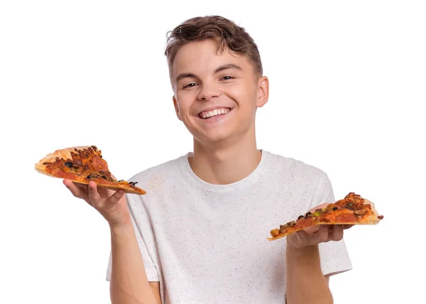 Gelukkige Knappe Jonge Tiener Jongen Die Een Stukje Pizza Vasthoudt — Stockfoto