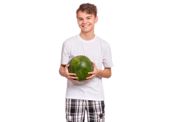 Bonito Menino Adolescente Segurando Grande Melancia Sorrindo Retrato Adolescente Caucasiano — Fotografia de Stock