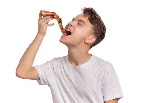 Gelukkige Mooie Jonge Tiener Jongen Smakelijke Hapjes Stuk Pizza Close — Stockfoto