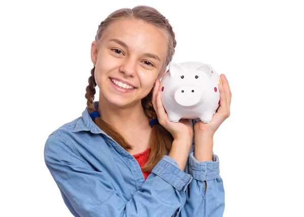 Portrait Une Adolescente Tenant Piggy Bank Mignon Jeune Adolescent Caucasien — Photo