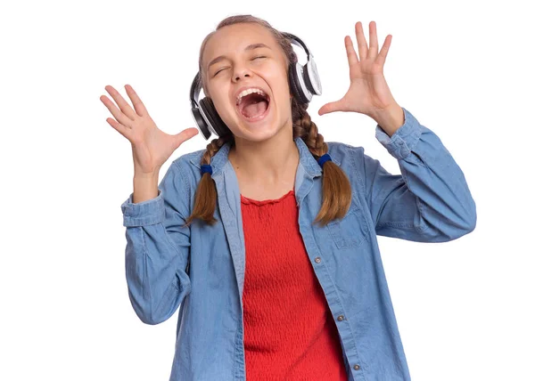 Portrait Happy Teen Girl Headphones Isolated White Background Cheerful Beautiful — Stock Photo, Image
