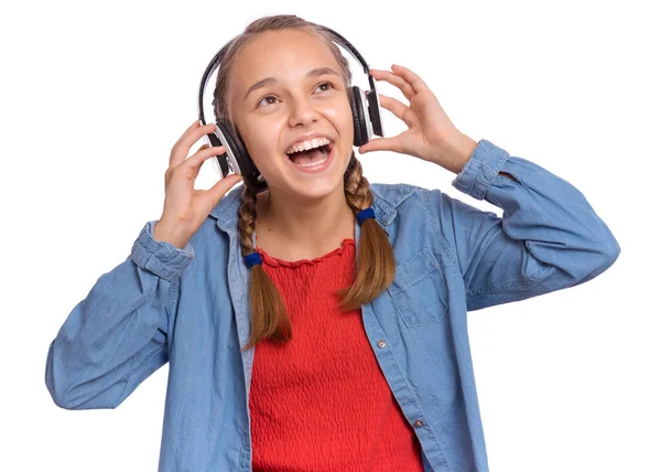 Retrato Menina Adolescente Feliz Com Fones Ouvido Isolado Fundo Branco — Fotografia de Stock
