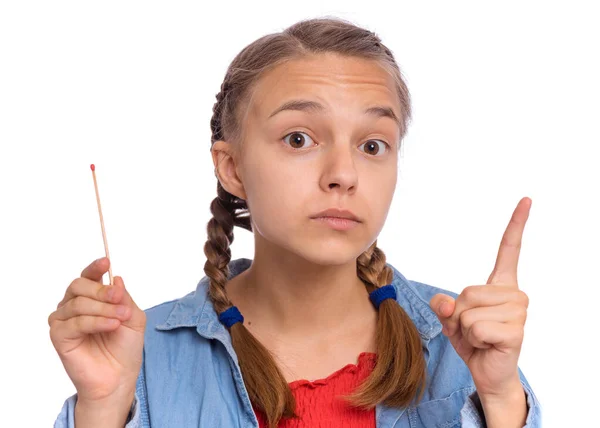 Teen Girl Holding Big Match Isolated White Background Child Plays — Stock Photo, Image