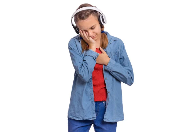 Portrait Happy Teen Girl Headphones Isolated White Background Beautiful Child — Stock Photo, Image