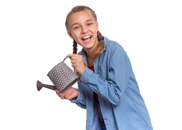 Portrait Teen Girl Holds Small Garden Watering Can Isolated White — Stock Photo, Image