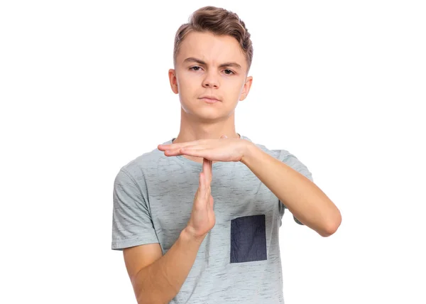 Emotional Portrait Teen Boy Making Timeout Gesture Isolated White Background — Stock Photo, Image