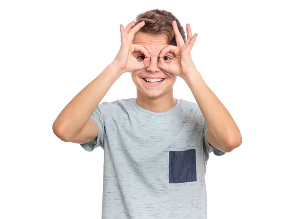 Retrato Belo Menino Adolescente Fazendo Gesture Com Mão Nos Olhos — Fotografia de Stock