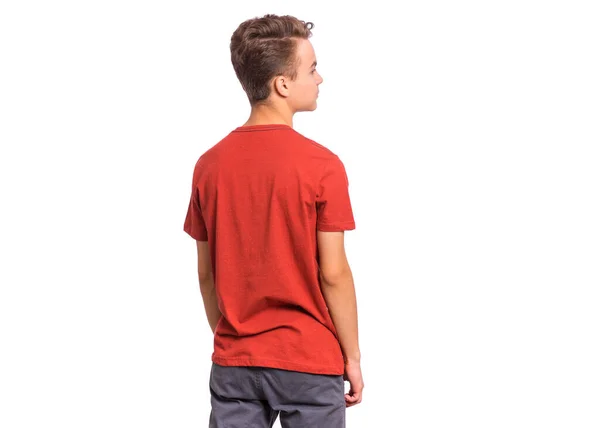 十几岁男孩的学生背景色 隔离在白色背景 穿着红色T恤的儿童照片 后视镜 — 图库照片