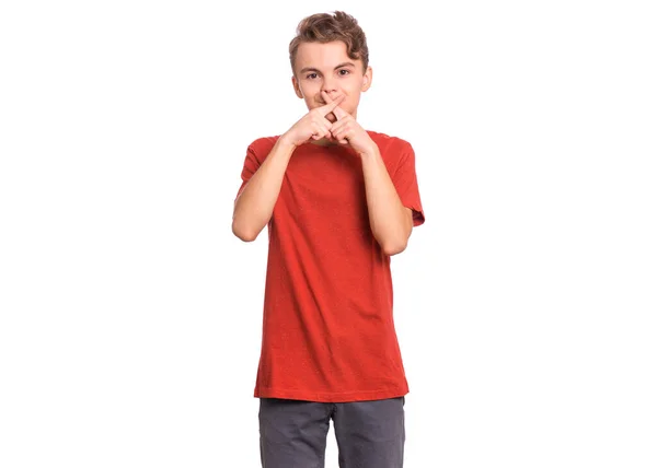 Retrato Menino Adolescente Feliz Pedindo Para Ficar Quieto Com Dedos — Fotografia de Stock