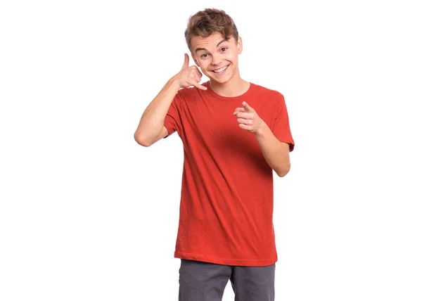 Beyaz Arka Plan Üzerinde Izole Parmaklarıile Telefon Işareti Yapan Genç — Stok fotoğraf