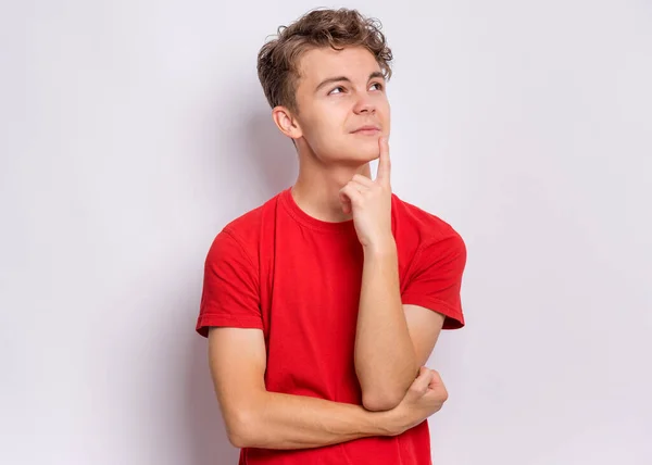 Portrait Pensive Teen Boy Grey Background Thoughtful Teenager Holding Hand — Stock Photo, Image