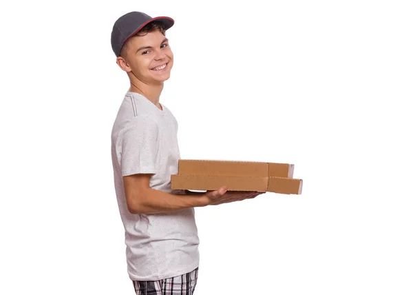 Side View Delivery Tienerjongen Cap Met Kartonnen Doos Met Pizza — Stockfoto