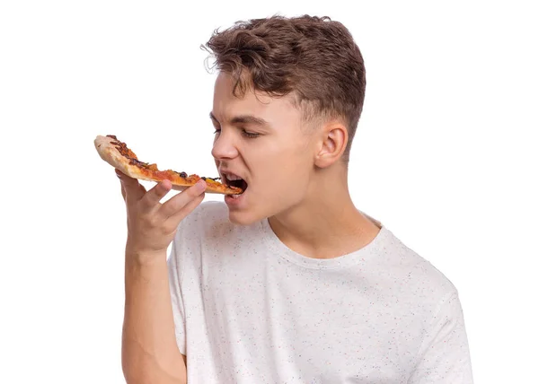 Feliz Hermoso Joven Adolescente Apetitoso Bocados Rebanada Pizza Primer Plano — Foto de Stock