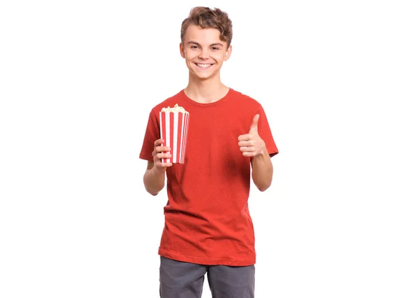 Portret Van Lachende Tiener Jongen Met Popcorn Emmer Maken Duim — Stockfoto