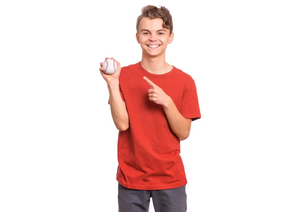 Portrait Happy Teen Boy Holding Baseball Ball Isolated White Background — Stok fotoğraf