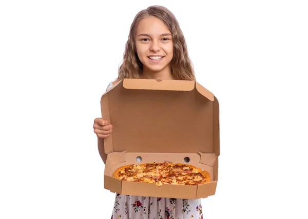 Menina Adolescente Bonita Segura Caixa Papelão Com Pizza Suas Mãos — Fotografia de Stock