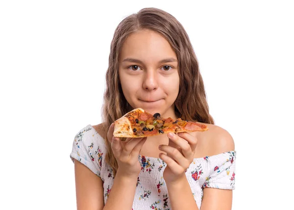 Feliz Linda Menina Adolescente Apetitosa Detém Fatia Pizza Close Retrato — Fotografia de Stock