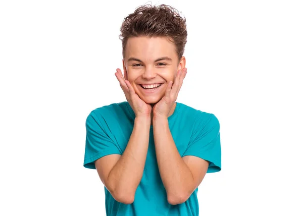 Retrato Adolescente Feliz Aislado Sobre Fondo Blanco Foto Adorable Niño — Foto de Stock