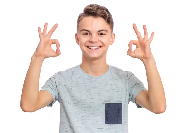 Portrait Teen Boy Making Gesture Isolated White Background Handsome Caucasian — Stock Photo, Image