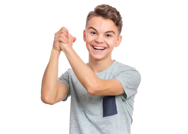 Portrait Happy Teen Boy Showing Winning Gesture Successful Celebrating Victory — Stock Photo, Image