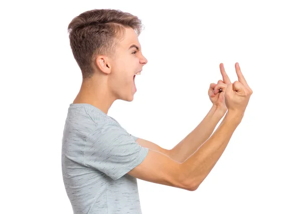 Angry Teen Boy Showing Middle Finger Side View Isolated White — Stock Photo, Image