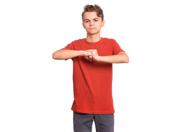 Teen Boy Showing Lock Sign Resting His Fist Palm Isolated — Stock Photo, Image