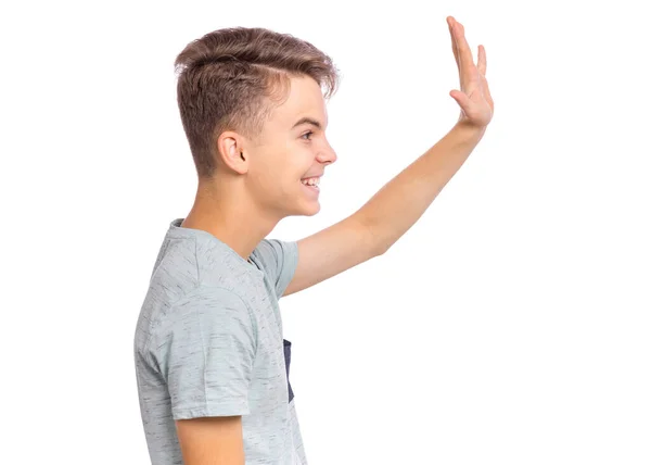 Πορτρέτο Του Χαρούμενος Έφηβος Αγόρι Κάνει Χειρονομία Χαιρετισμού Παλάμη Πλευρά — Φωτογραφία Αρχείου