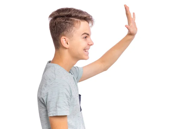 Portrait Happy Teen Boy Making Greeting Gesture Palm Side View — Stock Photo, Image