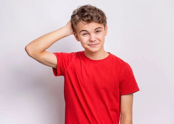 Portrait Pensive Teen Boy Grey Background Thoughtful Teenager Holding Hand — Stock Photo, Image