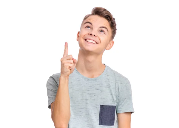 Portrait Happy Teen Boy Pointing Finger Copy Space Isolated White — Stock Photo, Image