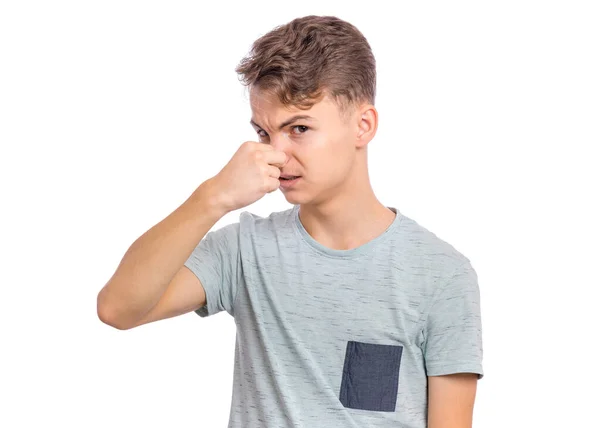 Teener Junge Mit Geste Riecht Schlecht Kind Bedeckt Nase Mit — Stockfoto