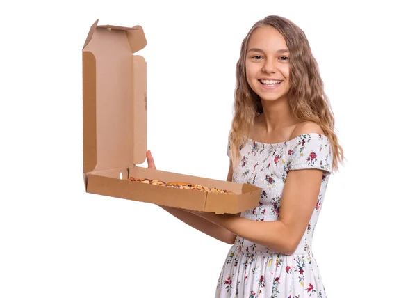 Menina Adolescente Bonita Segura Caixa Papelão Com Pizza Suas Mãos — Fotografia de Stock