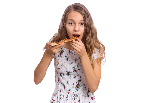 Feliz Hermosa Joven Adolescente Apetitoso Bocados Rebanada Pizza Retrato Niño —  Fotos de Stock