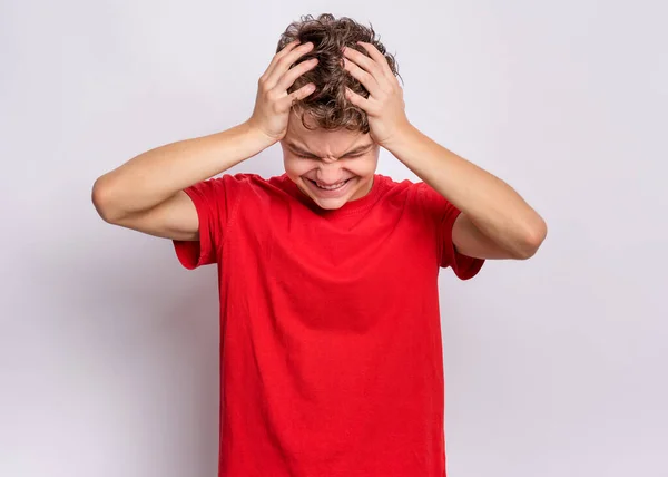 Retrato Adolescente Tocando Sua Cabeça Sofrendo Dor Cabeça Cansado Triste — Fotografia de Stock