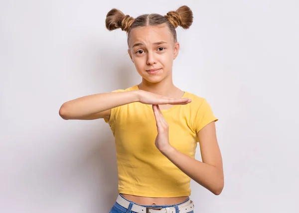 Emotional Portrait Teen Girl Making Timeout Gesture Grey Background Serious — Stock Photo, Image