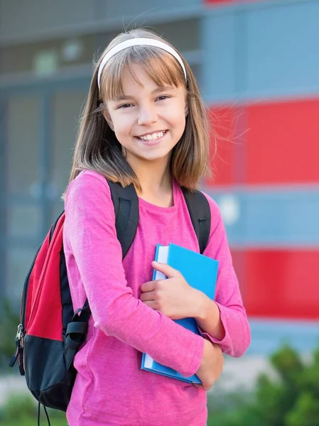 Outdoor Portrait Happy Child Years Old Backpack Holding Books First — Stock Photo, Image